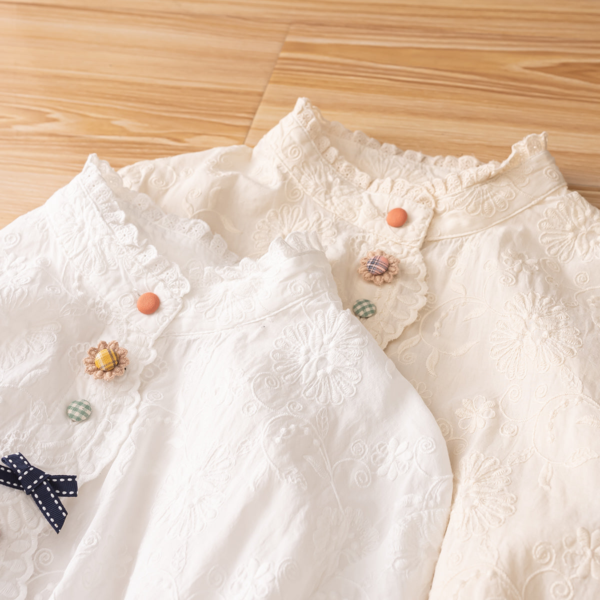 Japanese Style Ruffled Stand Collar Shirt – Color-Button Bow Long Sleeve Top