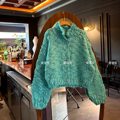 Women's Korean Retro High Collar Knitted Cardigan - Petite Short Slimming Thickened Sweater Coat