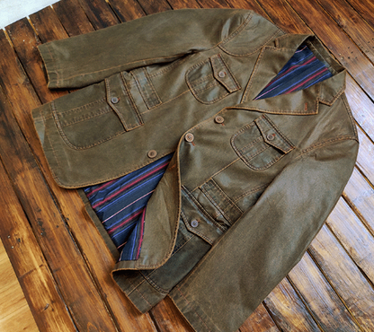 Dry Wax Cloth Hunting Suit Jacket - Vintage American Multi-Pocket Blazer (Men)