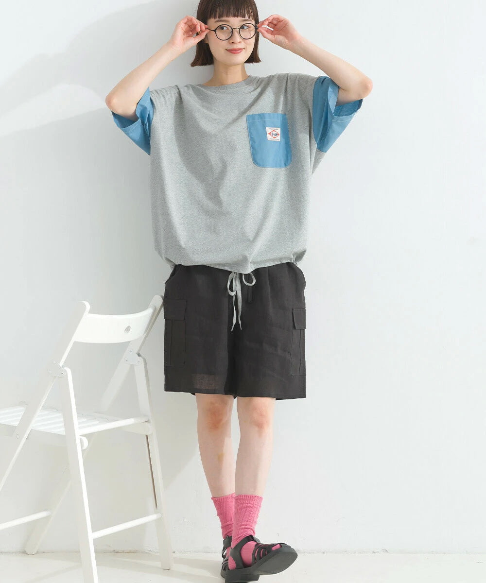 Japanese Style Stitching Denim Pocket Letters Profile T-shirt Designer Loose Casual Summer Patch