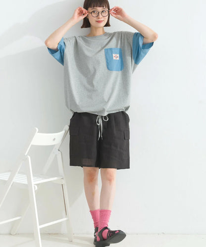 Japanese Style Stitching Denim Pocket Letters Profile T-shirt Designer Loose Casual Summer Patch