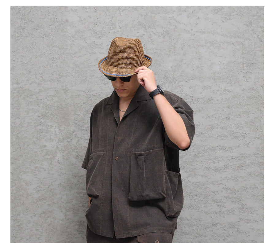 Wild Silk Cuban Collar Half Sleeve Shirt Men's Dye Yam Dyed Tussah Silk Aloha Retro Short Sleeve Shirt Summer