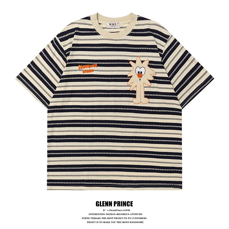 Japanese Style Casual Cartoon Color Block Striped Short Sleeve Men's T-Shirt Summer Oversize Lazy Half Sleeve Tee