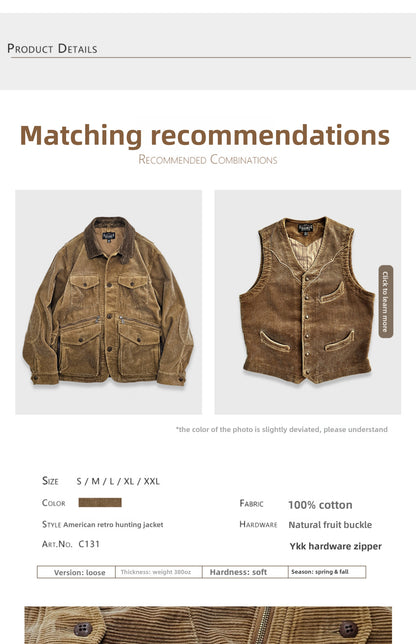 Corduroy Western Hunting Jacket for Men, Washed Multi-Pocket Outdoor Adventure Workwear Retro Windbreaker Jacket