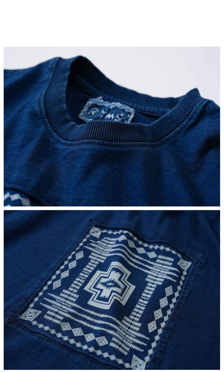 Japanese Retro Indigo Batik Craft Ethnic Style Patchwork Heavy Cotton Loose Fit Oversized T-Shirt for Men Summer Tee