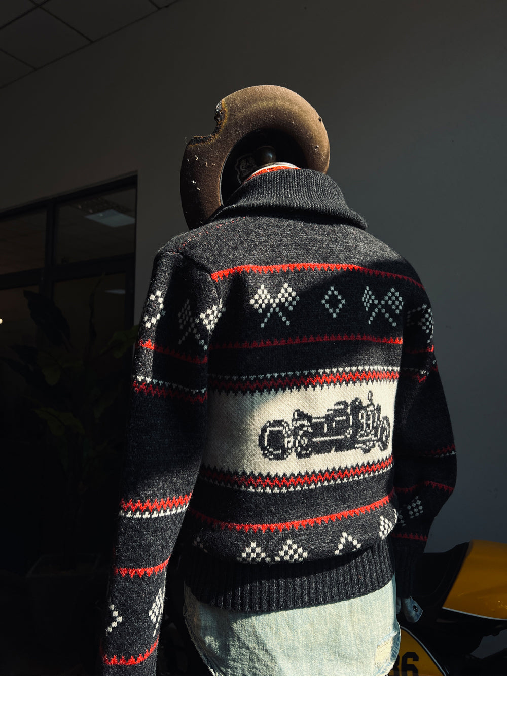 RRL Motorcycle Club Jacquard Cardigan – Heavy Retro Green Knit (Unisex)