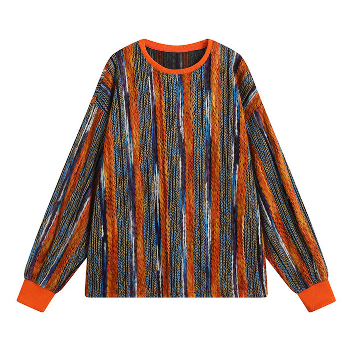 Colorful Striped Lazy Pullover Sweater – Thickened Crew-Neck Loose Fit (Women)