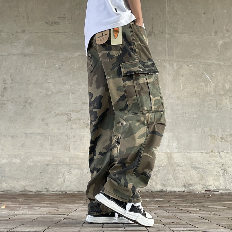 Men's American Street Retro Cargo Pants - Camouflage Heavy Washed Ripped Straight-Leg Pants