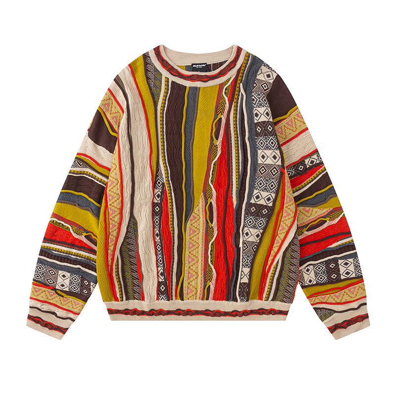 Vintage Pop Style Bitter Melon Striped Ethnic Sweater