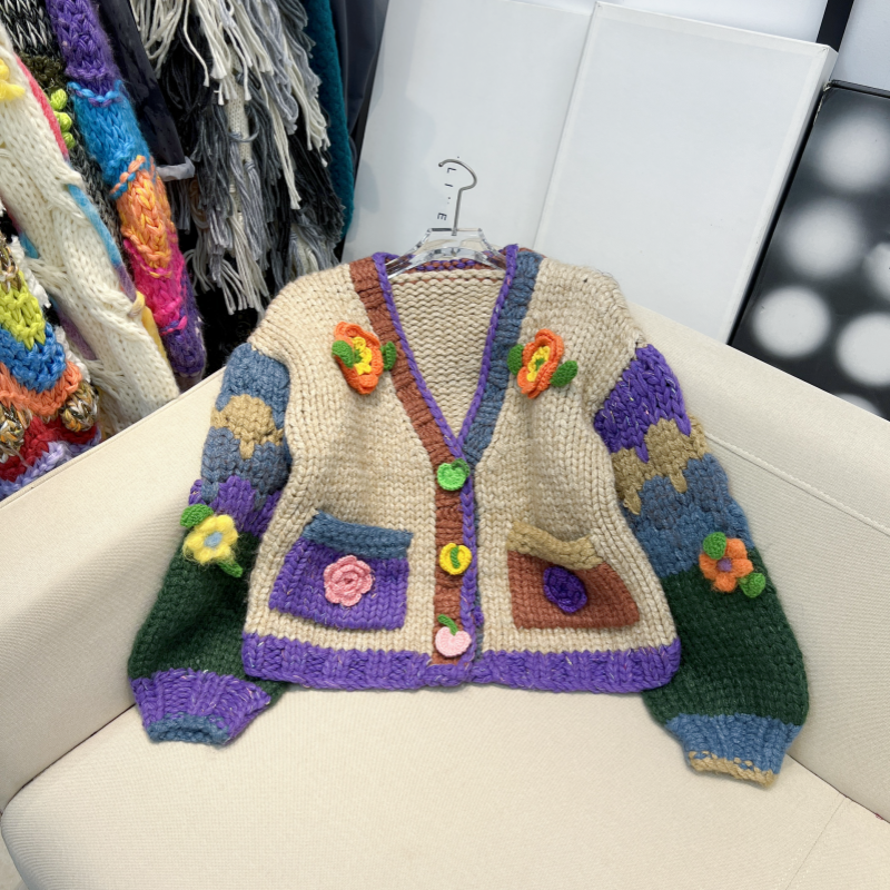 French Heavy Craft Pure Handmade Thick Knitted Color-Block Vintage Style 3D Crochet Sweater Cardigan for Women