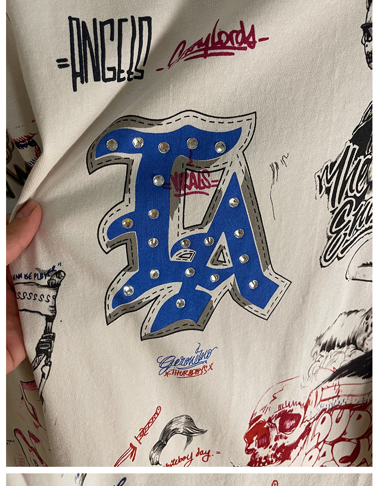 Quan Zhilong “Saint Michael” Rhinestone Graffiti Long-Sleeve Tee – Unisex Streetwear Vintage Base