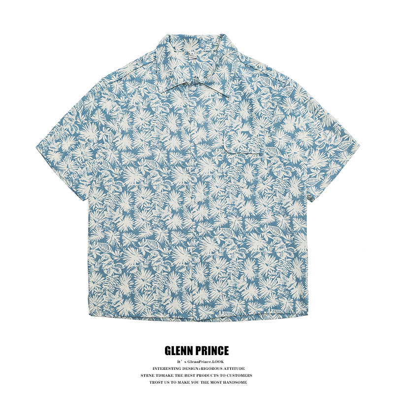 Japanese Retro Floral Cotton Linen Short Sleeve Shirt Men Summer Hong Kong Style Trendy Beach Casual Floral Shirt