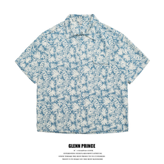 Japanese Retro Floral Cotton Linen Short Sleeve Shirt Men Summer Hong Kong Style Trendy Beach Casual Floral Shirt
