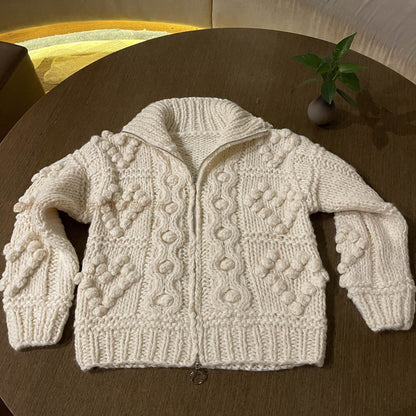 Women's Winter Wool Sweater Coat - Japanese Handmade Thick Yarn Ball Zipper Loose Knitted Top