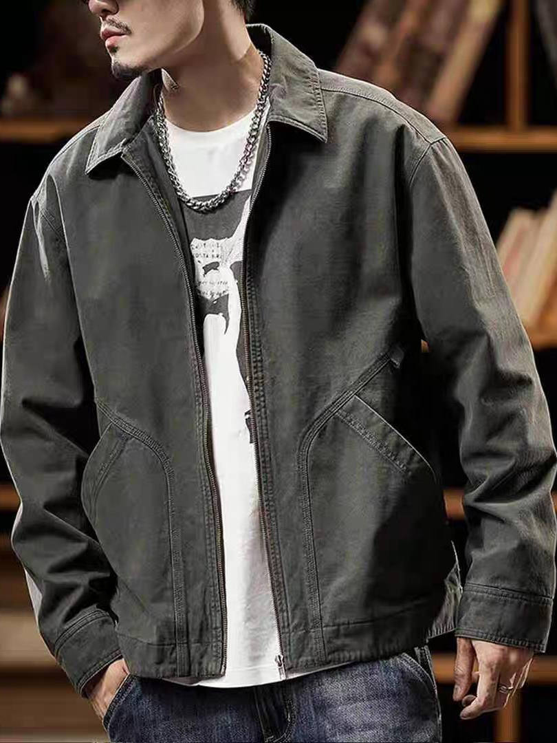 Men's American Retro Workwear Jacket - Autumn Winter Solid Color Pocket Design Casual All-Match Coat