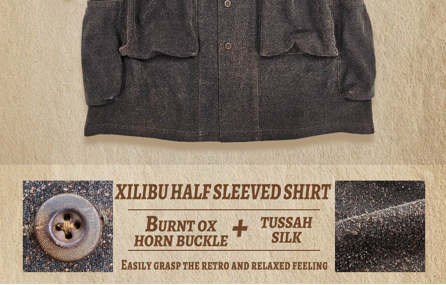 Wild Silk Cuban Collar Half Sleeve Shirt Men's Dye Yam Dyed Tussah Silk Aloha Retro Short Sleeve Shirt Summer