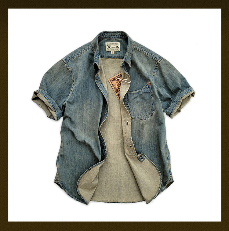 Summer Cotton Denim Short Sleeve Shirt Amekaji Retro Casual New Arrival