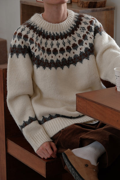 Coke Life CARPEM Winter Fair Isle Sweater - Thickened Coarse Knit Handmade Jacquard Round Neck Top