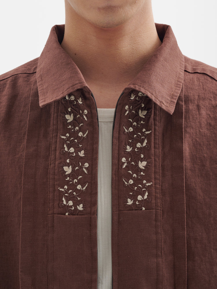 25SS Ramie Blend Passionflower Embroidery Washed Vintage Japanese Style Retro Short Sleeve Shirt