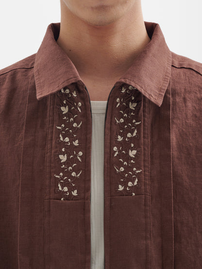 25SS Ramie Blend Passionflower Embroidery Washed Vintage Japanese Style Retro Short Sleeve Shirt