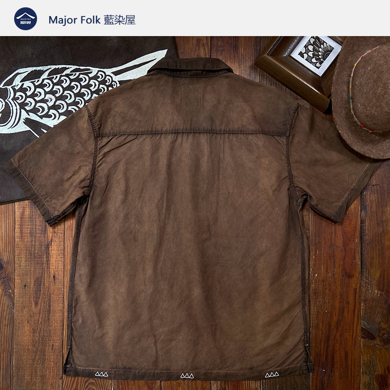 Yam Dye Vintage Style Cloth Label Triangle Sashiko Cuban Collar Short Sleeve Men's Shirt