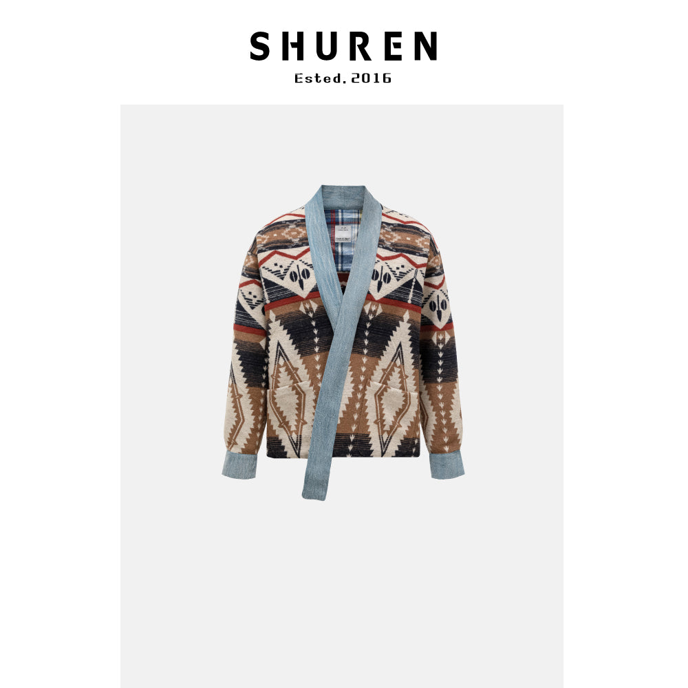 Woodbowl.2023aw Navajo/Woolen Jacket Wool Fabric Tie Ethnic Robe