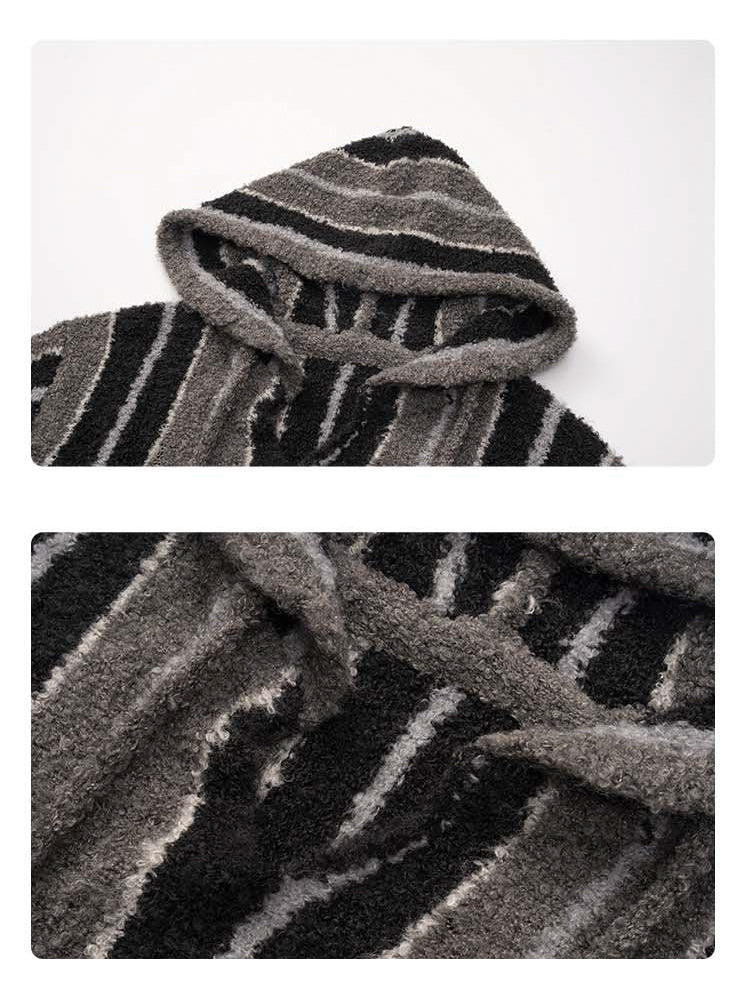 MEDRIA Retro Striped Wool Blend Tibetan Hoodie Autumn Winter Lazy Style Knitted Sweater Unisex Hooded Jacket