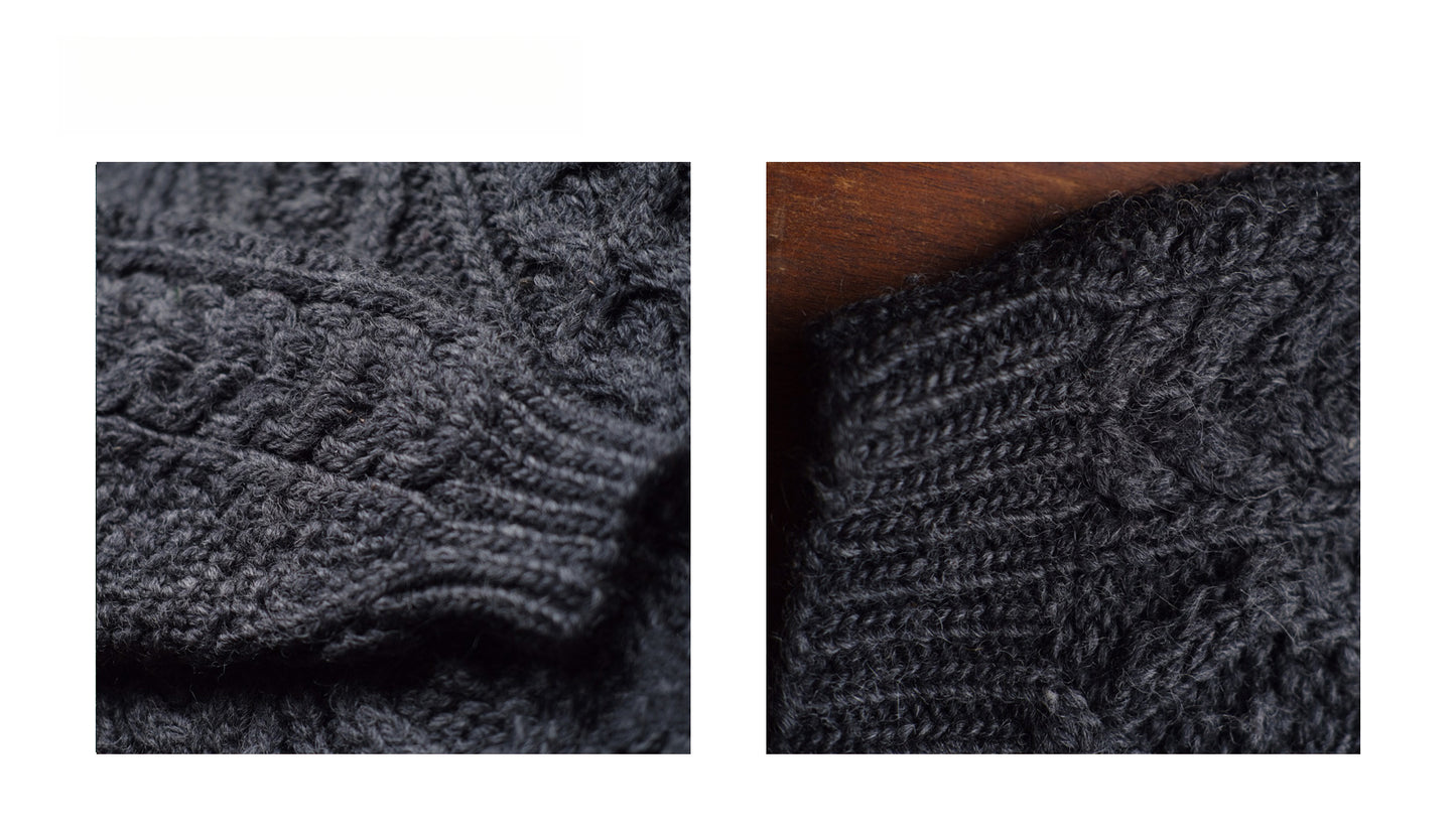 Fisherman-Style Aran Wool Sweater – Thick Knit Retro Khaki Unisex