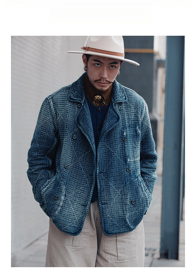 Retro Sashiko Washed Double-Breasted Jacket – Heavy Indigo Denim Workwear (Unisex)