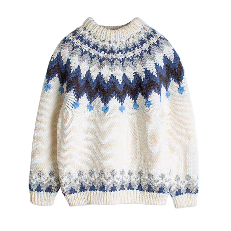 Hand-Knitted Icelandic Japanese Retro Unisex Sweater Couple Travel Fair Isle Cat Minimalist Style Pullover