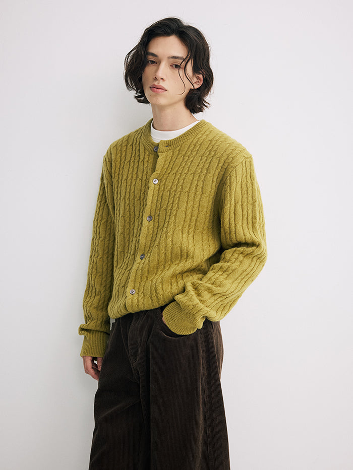 Coke Life Carpem 100% Wool Cable Knit Cardigan - Winter Lazy Style Round Neck Sweater