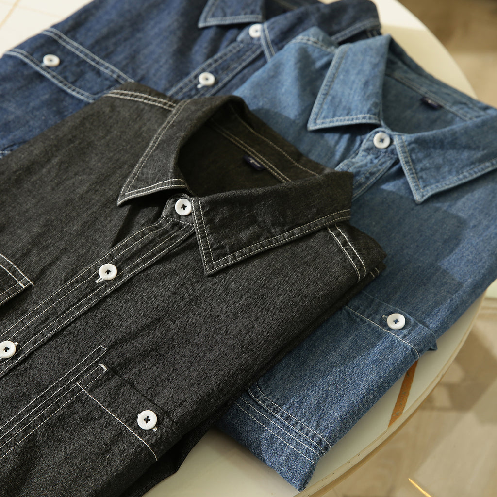 Pure Cotton Enzyme Wash! Export Surplus Men's Summer Turn-down Collar Denim Short Sleeve Shirt Top