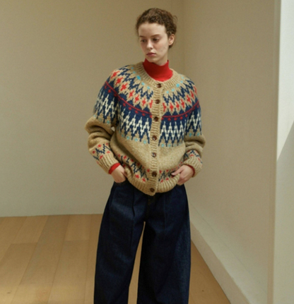 LINHOUSE French Retro Fair Isle Cardigan - Thick Wool Blend Sweater (Women)