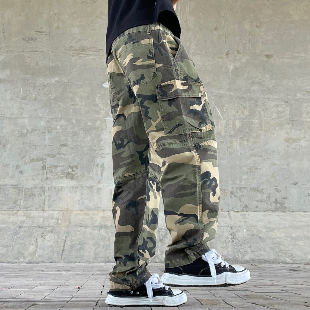 Men's American Street Retro Cargo Pants - Camouflage Heavy Washed Ripped Straight-Leg Pants