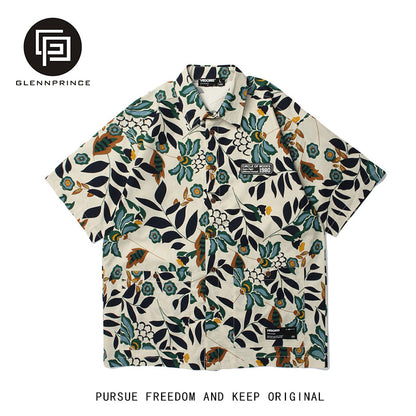 Summer Retro Trendy Floral Short Sleeve Shirt for Men Hawaiian Cotton Linen Beach Couple Outfit Floral Shirt Hong Kong Style