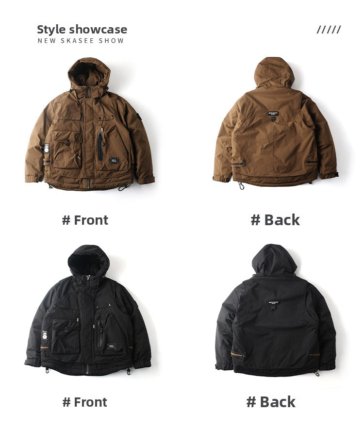 Winter Workwear Hooded Down Jacket Men's Trendy Loose Outdoor Multi-Pocket Functional 90% White Duck Down Warm Coat Trendy