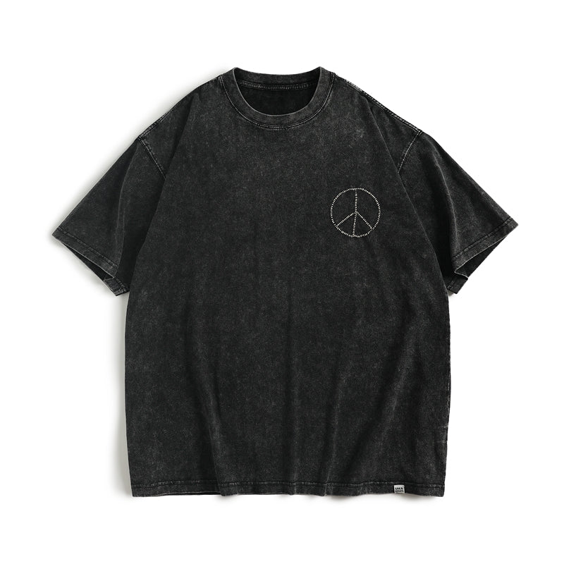 Handmade Anti-War Symbol Embroidered Heavy Cotton Tee – Unisex 270g Crewneck, Loose Fit