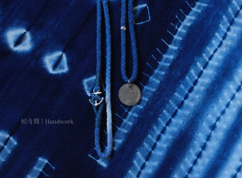 Original Indigo Dyed Indian Coin Woven Silver Bead Necklace Anchor Indigo Hand Rope