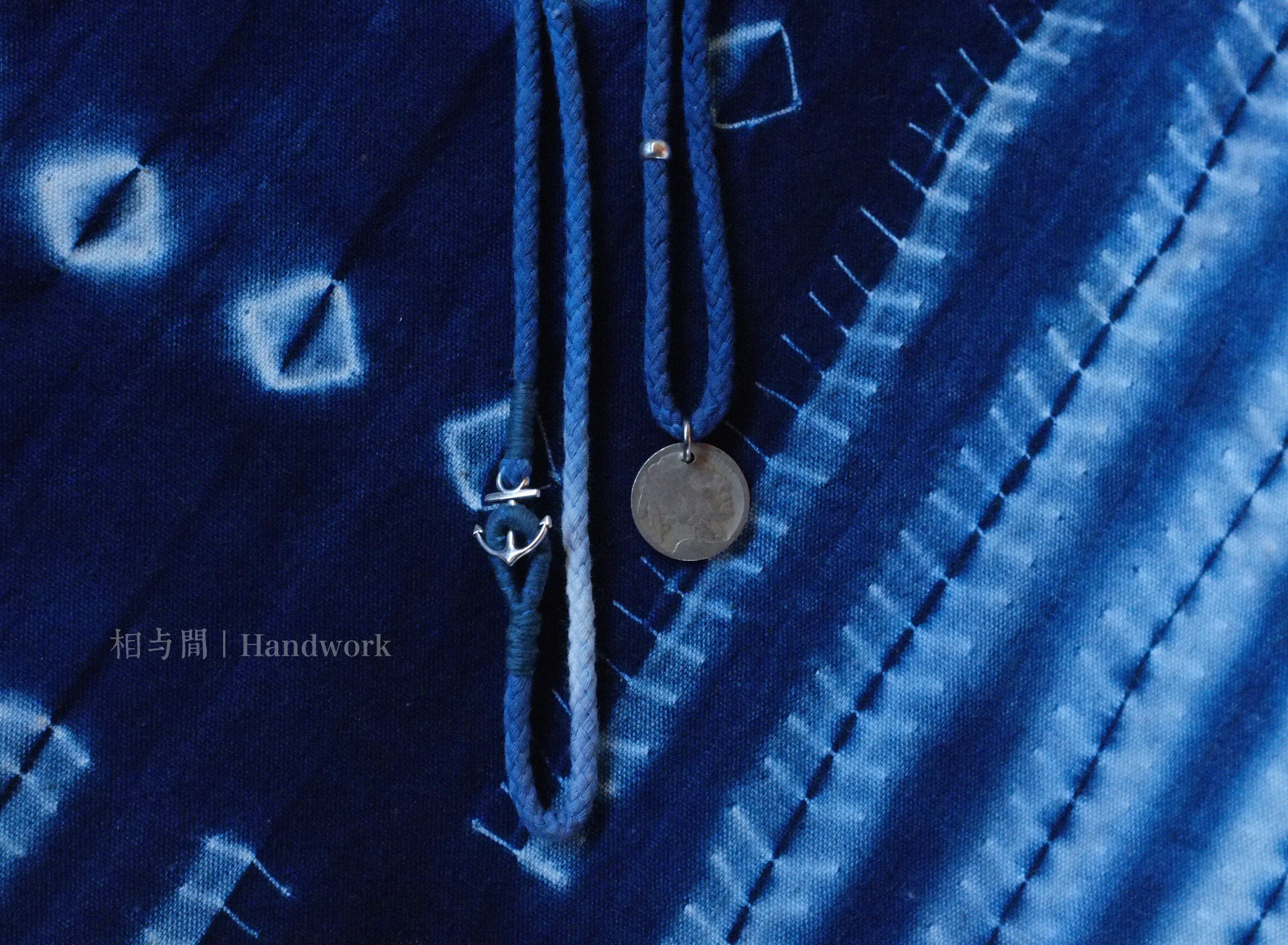 Original Indigo Dyed Indian Coin Woven Silver Bead Necklace Anchor Indigo Hand Rope