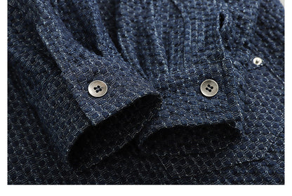 Japanese Retro Lattice Texture Denim Shirt - Loose Casual Lapel Shirt (Men)