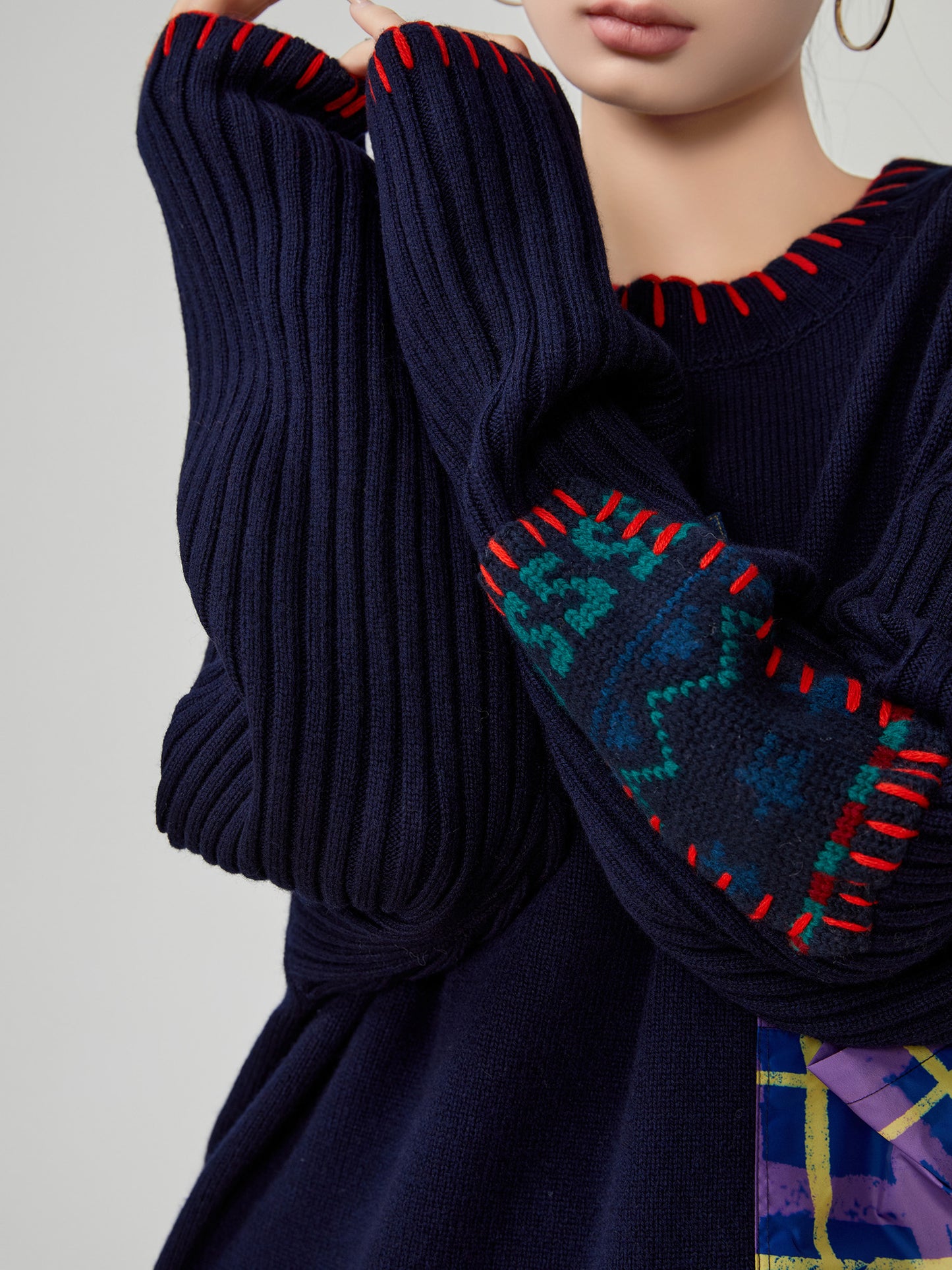 Color-Block Hand-Embroidered Patchwork Sweater – Japanese Niche Knit Top