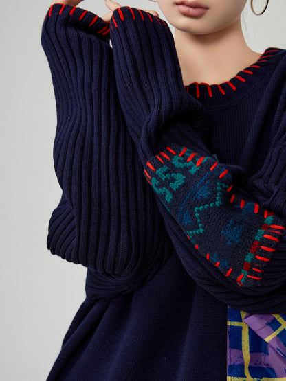Color-Block Hand-Embroidered Patchwork Sweater – Japanese Niche Knit Top