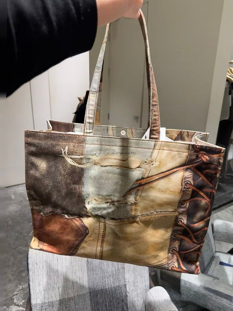 2025 Spring Summer New Vintage Denim Patchwork Color Block Handbag Shoulder Bag Large Capacity Tote Shopping Bag Women's Bag