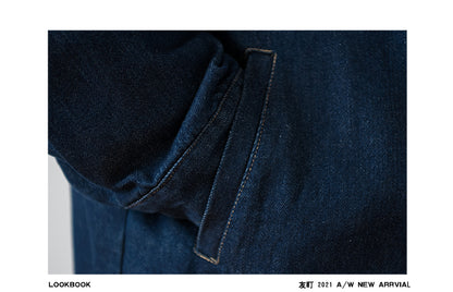 Japanese Retro Workwear Denim Shirt – Loose Turn-Down Collar for Spring/Autumn