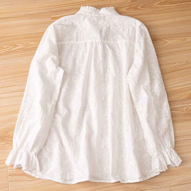 Japanese Style Ruffled Stand Collar Shirt – Color-Button Bow Long Sleeve Top