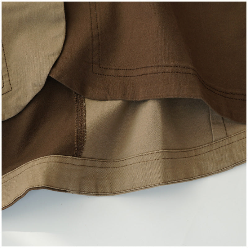 Color-Block Mid-Length Trench Coat – Japanese Retro V-Neck Single-Breasted Jacket