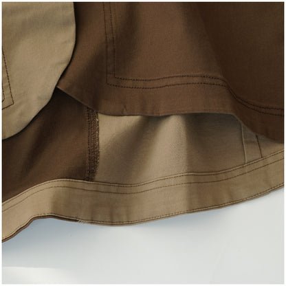 Color-Block Mid-Length Trench Coat – Japanese Retro V-Neck Single-Breasted Jacket
