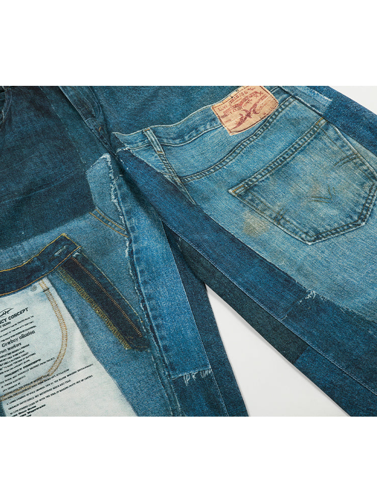 Printed Washed Denim Fabric Creative Design Color Block Feel Scimitar Pants Wide Leg Jeans