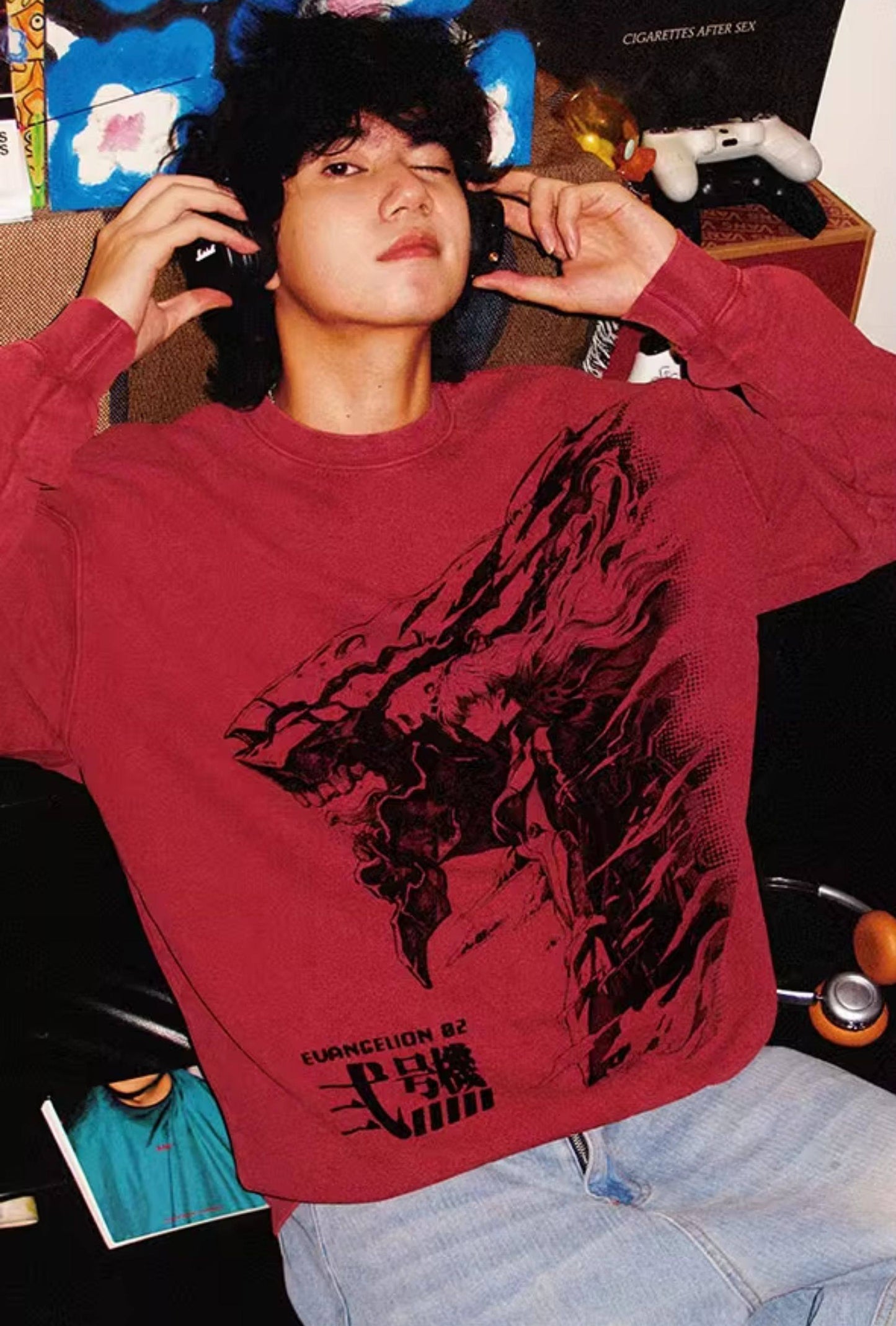 Evangelion Asuka Unit-02 Sweatshirt - Washed Vintage Cotton Crewneck (Unisex)