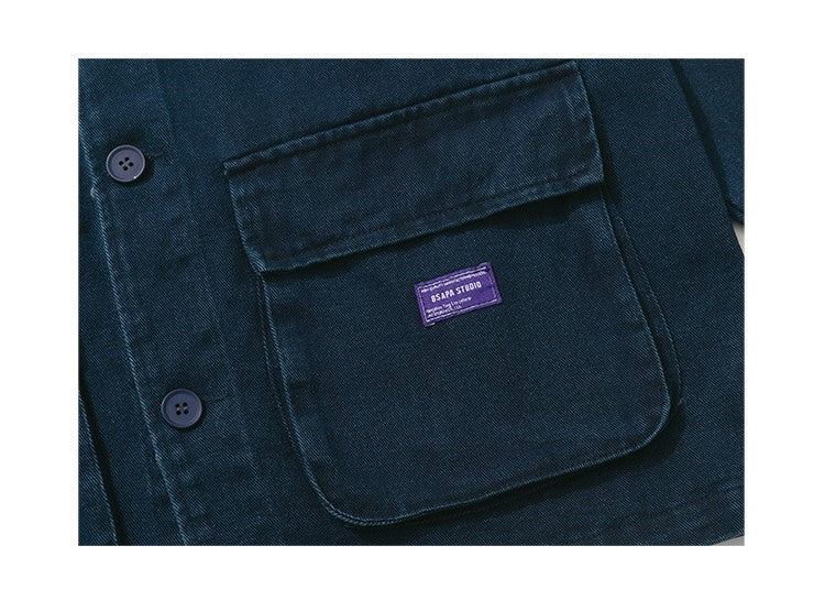 Vintage Washed Denim Collarless Shirt – Japanese Style Long Sleeve (Unisex)